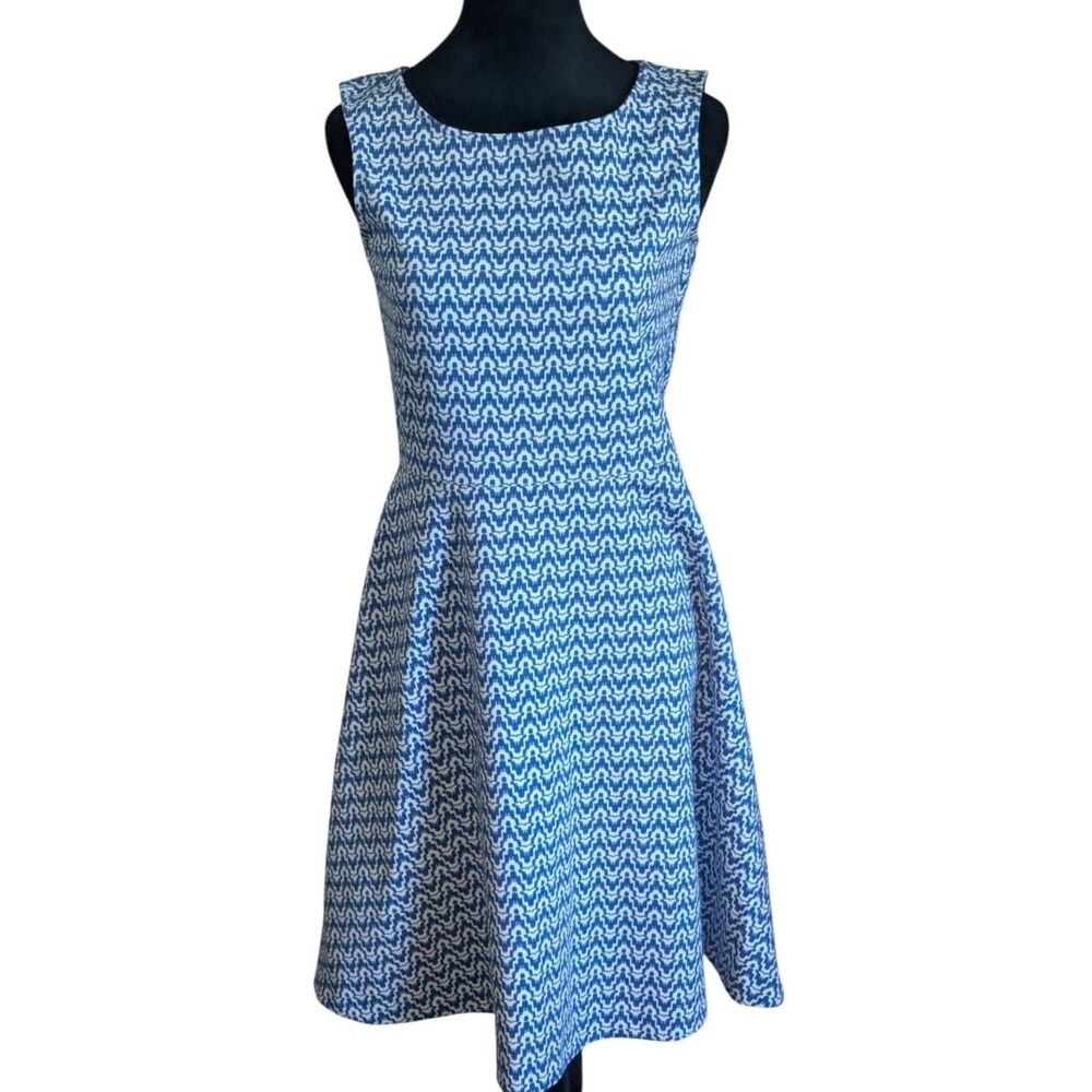 Talbots Blue White Geometric Fit and Flare Dress Sleeveless Split Neck Small